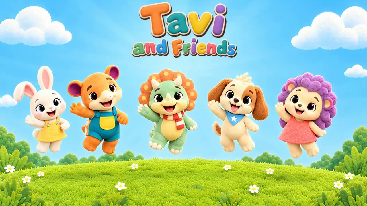 Tavi and Friends logo above all five friends jumping together on a sunny, flower-filled hill.